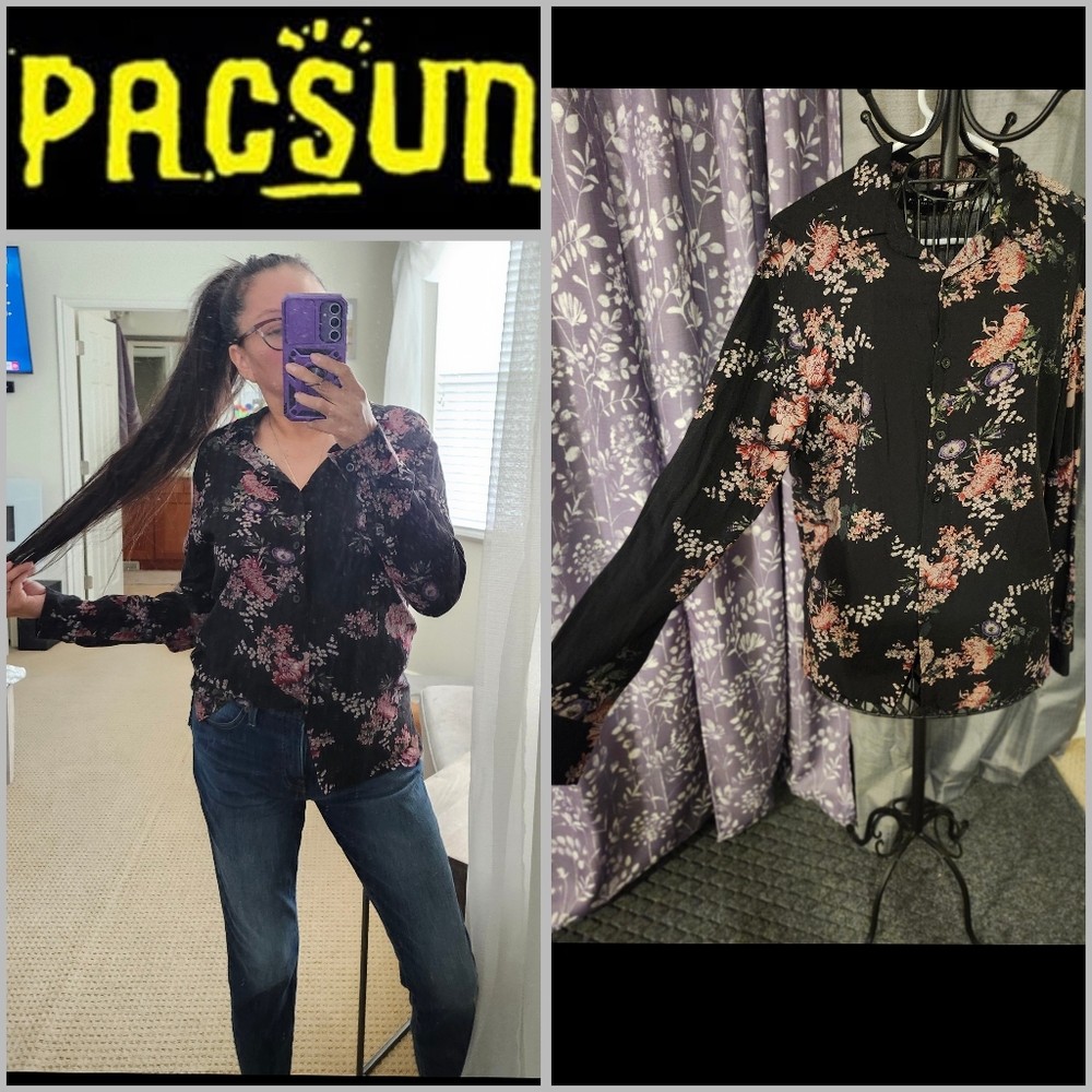 PacSun Button-up Floral Blouse with Collar Women Size Medium